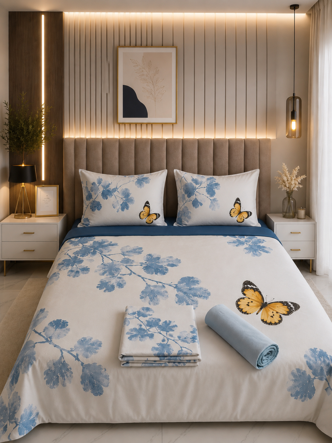 Ensemble draps housse moderne avec motifs floraux bleus et papillons-1