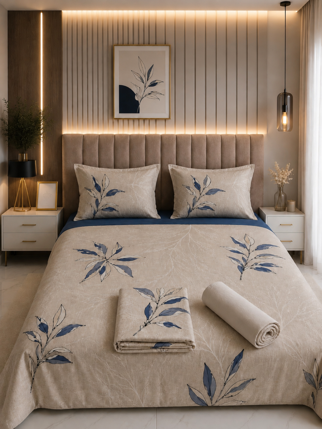Ensemble draps housse moderne avec motifs feuilles délicates-1