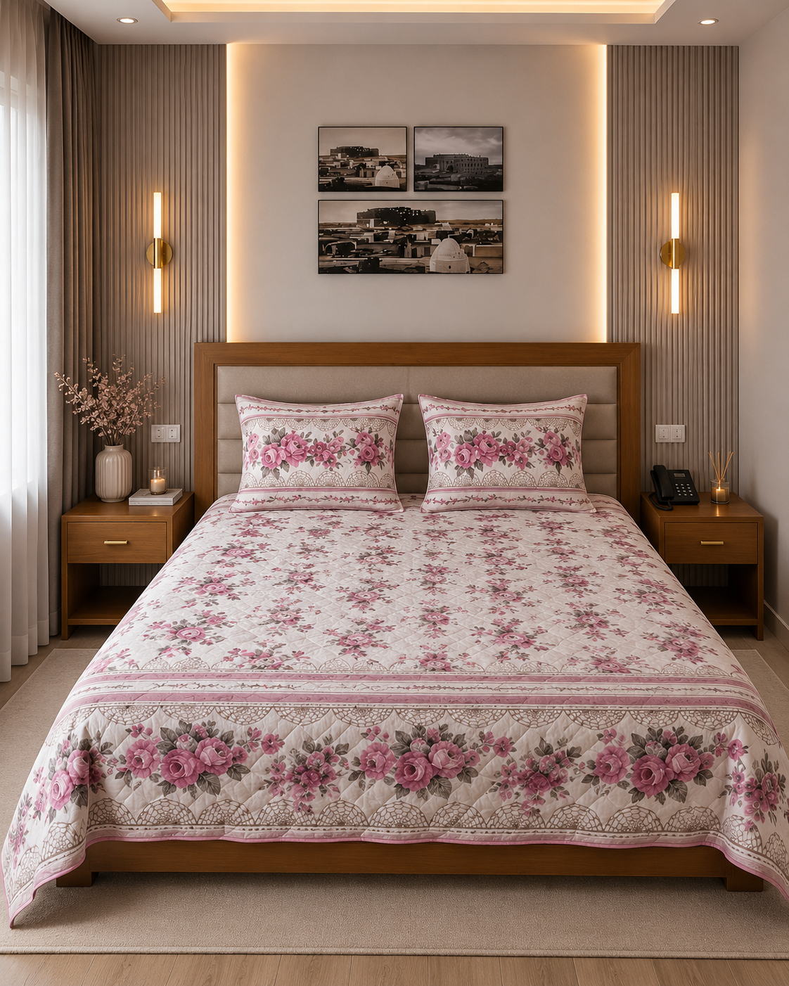 Ensemble Literie Floral Beige Doré-3