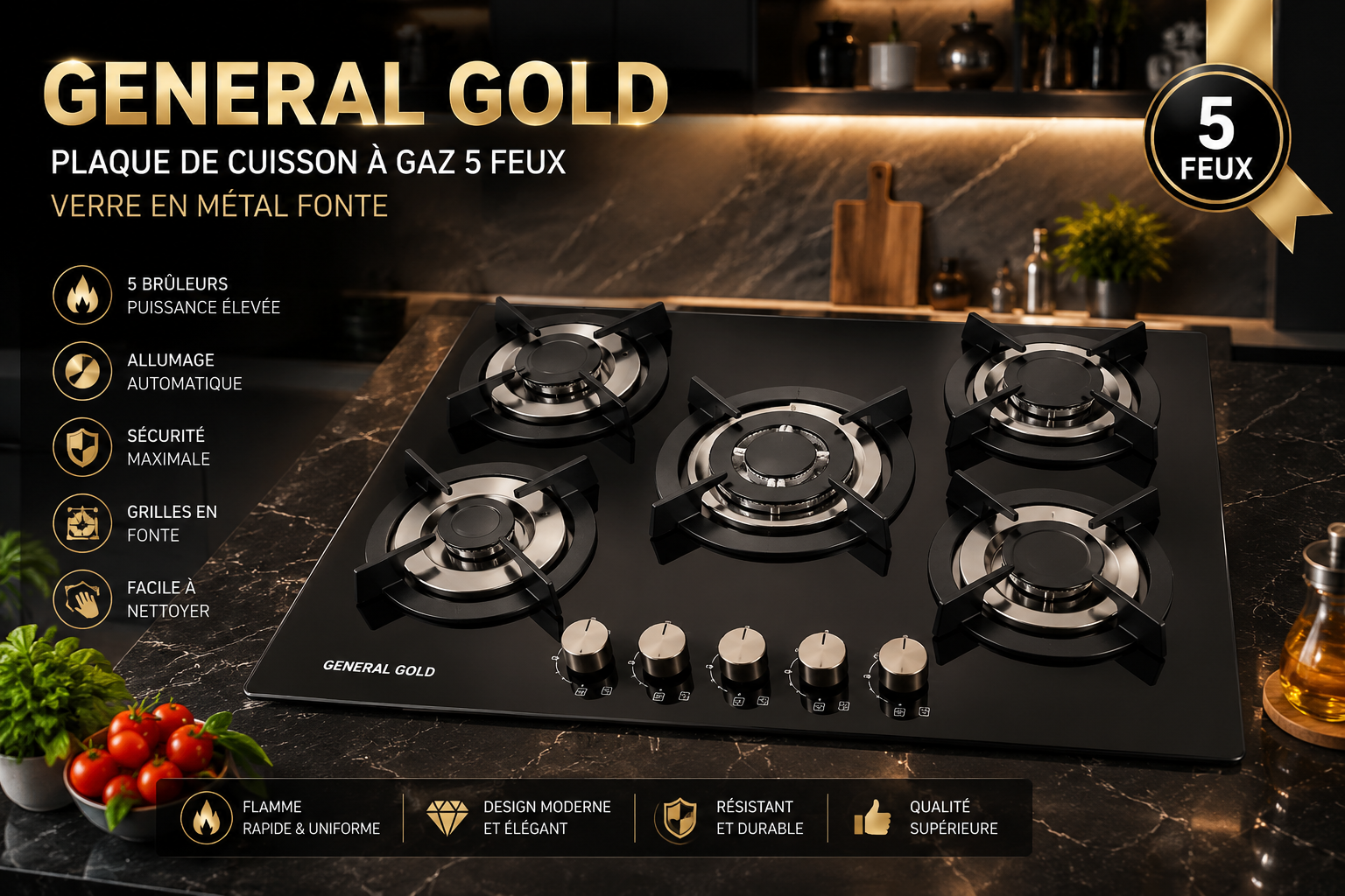 Plaque de Cuisson à Gaz GENERAL GOLD – 5 Feux