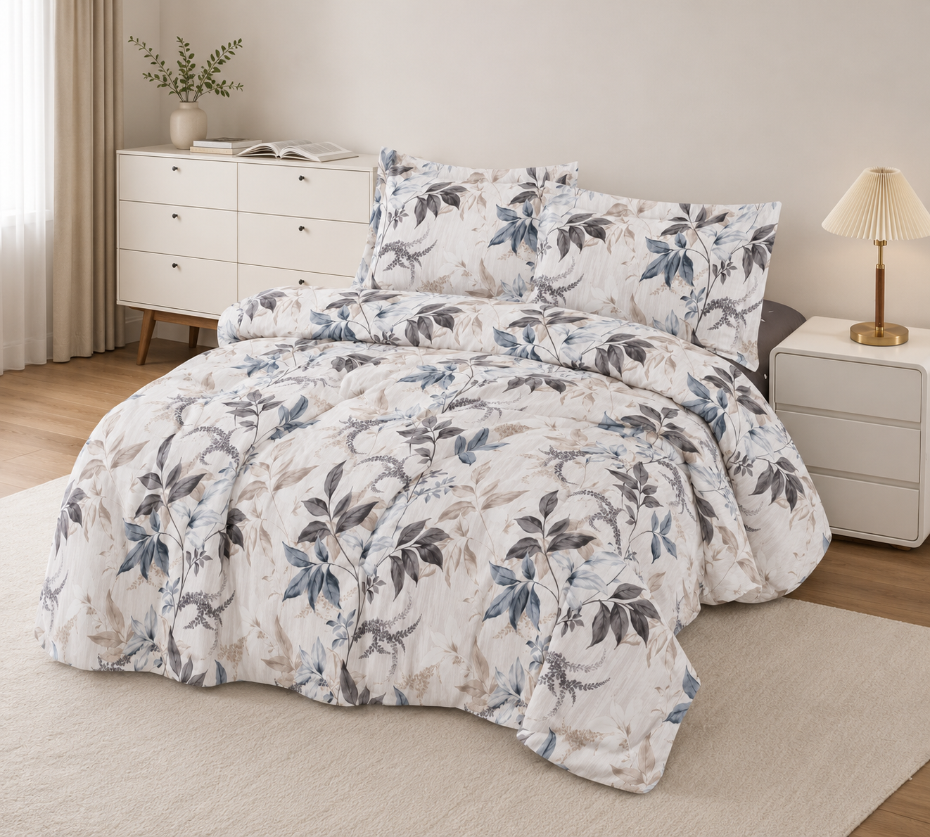 Modern House – 4PCS Bedding Set Beige et Bleu fleuri-1