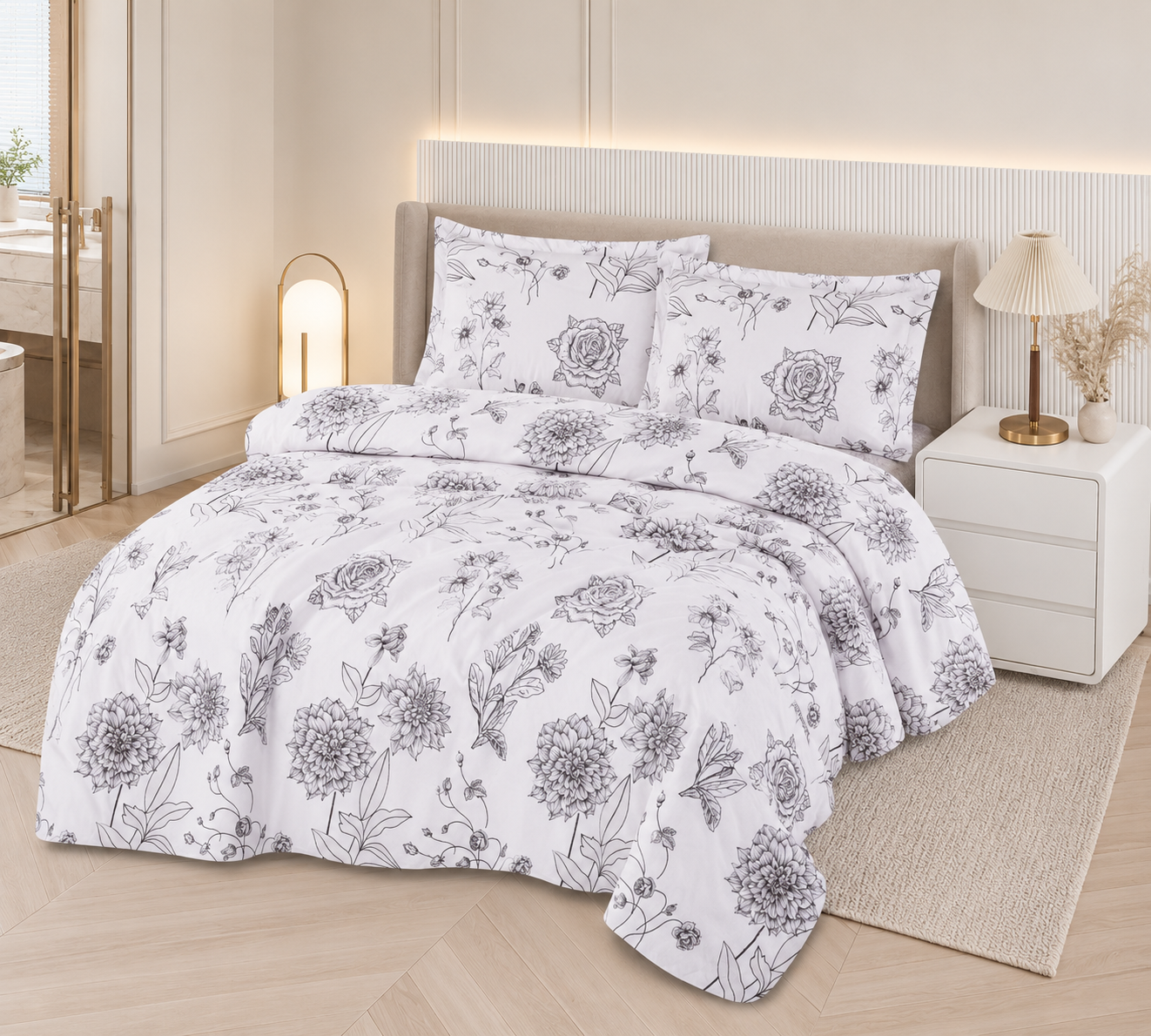 Modern House – 4PCS Bedding Set - Gris fleuri
