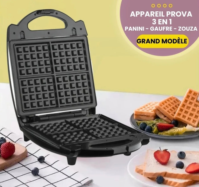 PROVA Appareil de Cuisson Grand Modèle 3 en 1 Panini & Zouza &Gaufre 1400W