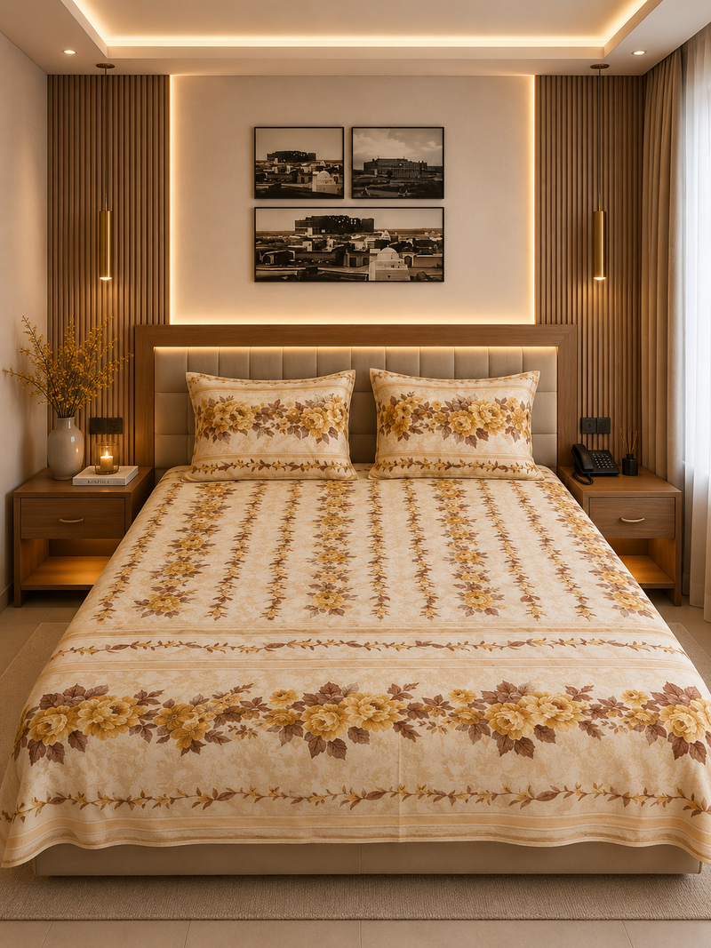 Ensemble Literie Floral Beige Doré-5